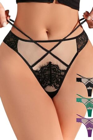 Women's Lace Thongs High Waisted Sexy Criss Cross Straps G-String Underwear Floral Mesh Brathable Panties 3 Pack