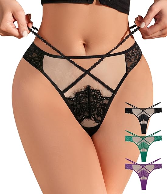 Women's Lace Thongs High Waisted Sexy Criss Cross Straps G-String Underwear Floral Mesh Brathable Panties 3 Pack