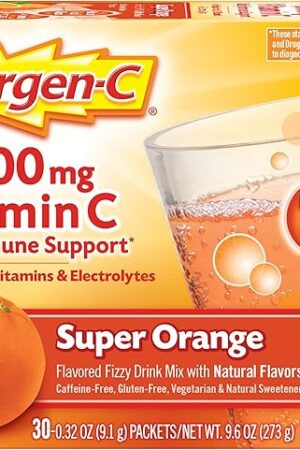 Emergen-C 1000mg Vitamin C Powder for Daily Immune Support Caffeine Free Vitamin C Supplements with Zinc and Manganese, B Vitamins and Electrolytes, Super Orange Flavor - 30 Count