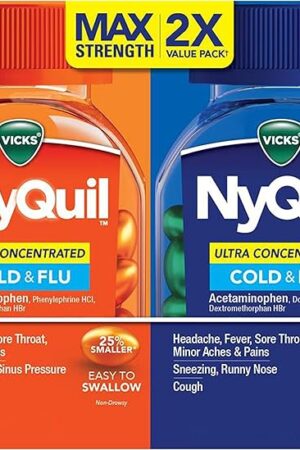 Vicks DayQuil & NyQuil Ultra Concentrated Liquicaps Co-Pack, Cold & Flu Medicine, Powerful Multi-Symptom Daytime & Nighttime Relief for Headache, Fever, Sore Throat, Minor Aches & Pains, & Cough, 96ct