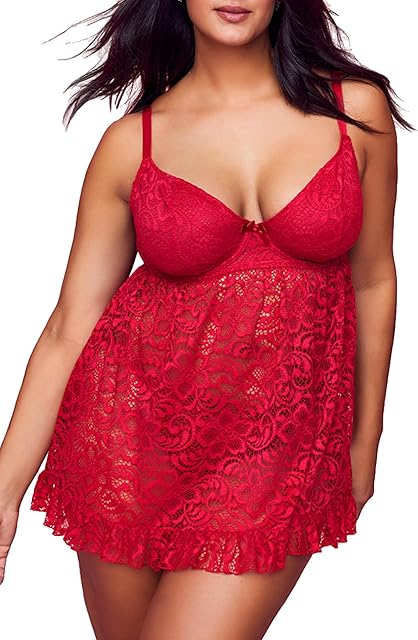 Women's Underwire Plus Size Lingerie Babydoll Sexy Ruffle Lace Chemises
