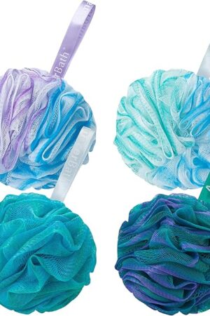 AmazerBath Loofah Sponge 75g/Piece, Exfoliating Bath Sponge Body Scrubber - Loofa Set of 4 Flower Color (Large, Green-Purple)