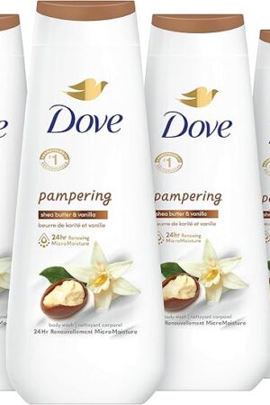 Dove Body Wash 4 Count Pampering Shea Butter & Vanilla for Renewed, Healthy-Looking Skin Gentle Skin Cleanser with 24hr Renewing MicroMoisture 20 oz