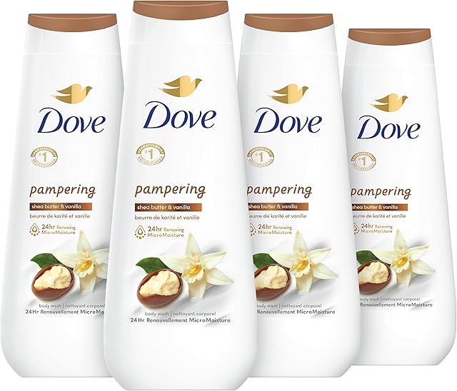Dove Body Wash 4 Count Pampering Shea Butter & Vanilla for Renewed, Healthy-Looking Skin Gentle Skin Cleanser with 24hr Renewing MicroMoisture 20 oz