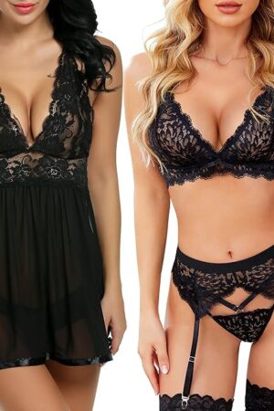 Women lace Babydoll Mesh Chemise and Sexy Garter Lingerie Set for Women Exotic Underwear Garter Set