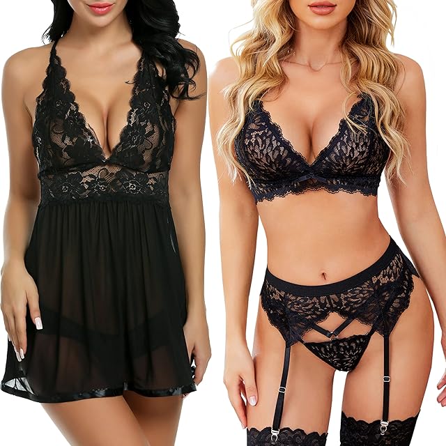 Women lace Babydoll Mesh Chemise and Sexy Garter Lingerie Set for Women Exotic Underwear Garter Set