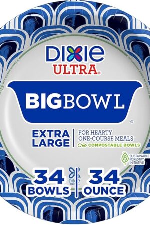 Dixie Ultra Extra Large Paper Bowls, 34 oz, 34 Count, Compostable, Microwave Safe, Disposable Bowls for Heavy Meals, Soups, Stews, and Everyday Use