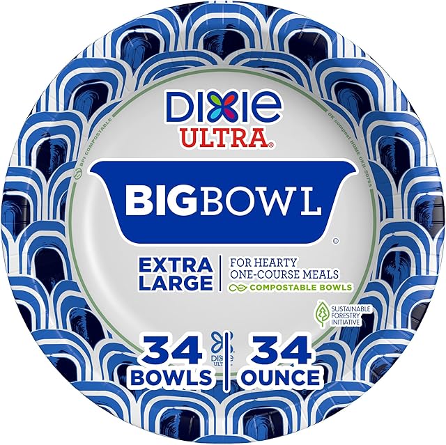 Dixie Ultra Extra Large Paper Bowls, 34 oz, 34 Count, Compostable, Microwave Safe, Disposable Bowls for Heavy Meals, Soups, Stews, and Everyday Use