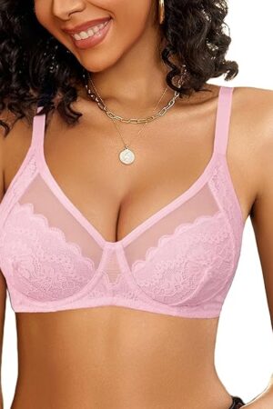 Women's Sexy Lace Bra Unlined Balconette Underwire Full Coverage Bra Everyday Lift Bras Lingeries Pink