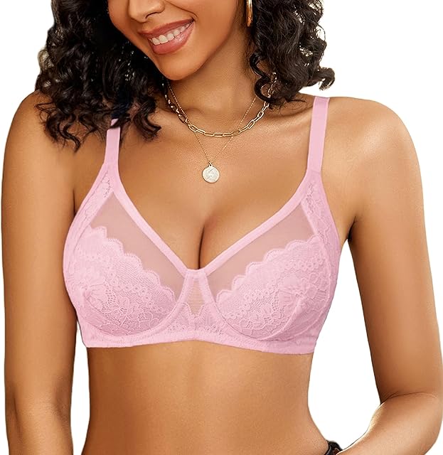 Women's Sexy Lace Bra Unlined Balconette Underwire Full Coverage Bra Everyday Lift Bras Lingeries Pink