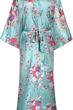 Women's Long Satin Robe Floral Kimono Dressing Gown Lightweight Sleepwear Bridal Party Bridesmaids Robes
