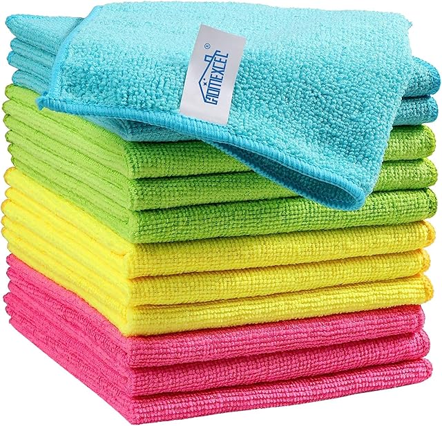 HOMEXCEL Microfiber Cleaning Cloth,12 Pack Cleaning Rags, Cleaning Towels with 4 Color Assorted, 115"X115"(Green/Blue/Yellow/Pink)
