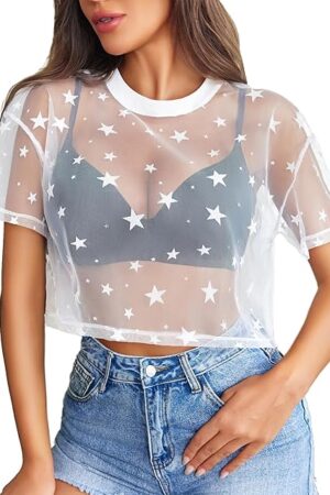 Women's Mesh Tops See Through Shirts Short Sleeve Printed Crop Top Sheer Blouse Clubwear S-XXL