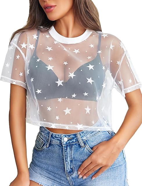 Women's Mesh Tops See Through Shirts Short Sleeve Printed Crop Top Sheer Blouse Clubwear S-XXL