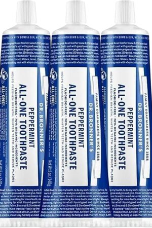 Dr Bronner?s All-One Toothpaste Pack of 3? Peppermint, 5 oz? Fluoride-Free Toothpaste for Adults, SLS-Free, 70% Organic & Natural Ingredients, Vegan, Helps Freshen Breath & Reduce Plaque