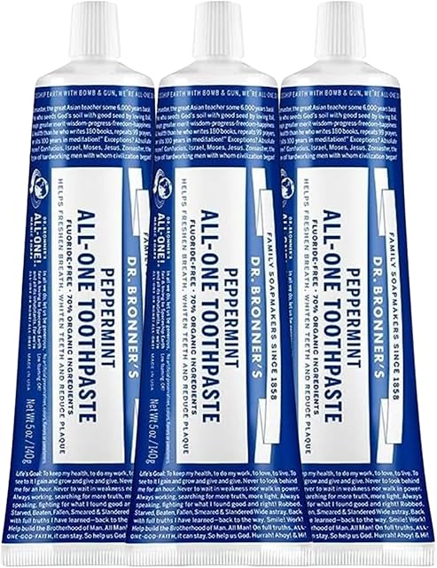 Dr Bronner?s All-One Toothpaste Pack of 3? Peppermint, 5 oz? Fluoride-Free Toothpaste for Adults, SLS-Free, 70% Organic & Natural Ingredients, Vegan, Helps Freshen Breath & Reduce Plaque