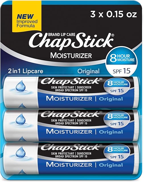 ChapStick Moisturizer Original Lip Balm Tubes, SPF 15 and Skin Protectant - 0.15 Oz (Pack of 3)