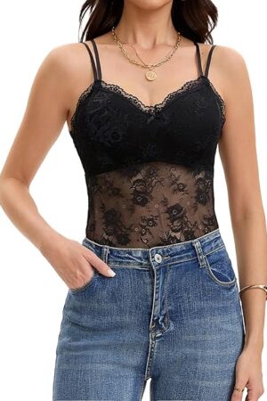 Lace Bralette for Women V Neck Camisole Lingerie Spaghetti Strap Sleeveless Sheer Tank Cami Top Blouse