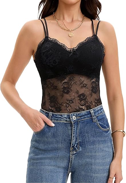 Lace Bralette for Women V Neck Camisole Lingerie Spaghetti Strap Sleeveless Sheer Tank Cami Top Blouse