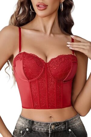Bustier Tops for Women Sexy V Neck Lace Top Corset with Underwired Adjustable Bralettes Crop Cute Top