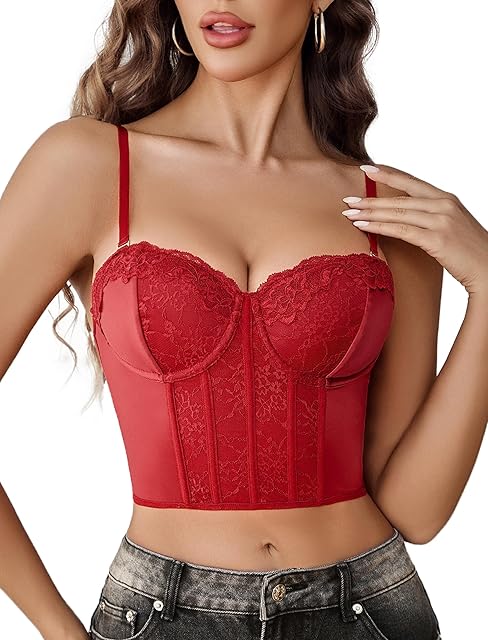 Bustier Tops for Women Sexy V Neck Lace Top Corset with Underwired Adjustable Bralettes Crop Cute Top