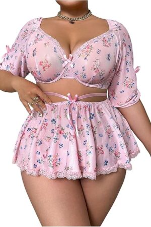 Women's Plus Size 3 Piece Floral Print Lingerie Set Bow Lace Half Sleeve Crop Top Thong and Mini Skirt