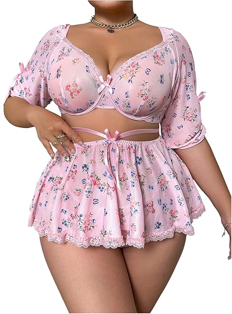 Women's Plus Size 3 Piece Floral Print Lingerie Set Bow Lace Half Sleeve Crop Top Thong and Mini Skirt