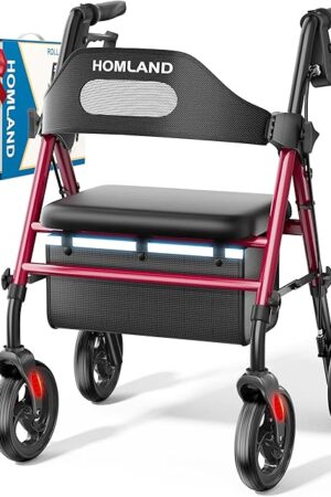 Foldable Rollator Walkers with Seat for Seniors, 8'' Big Wheels, 350 lb Weight Capacity, Adjustable Handles and Seat Height, Lightweight Rolling Walker, Red