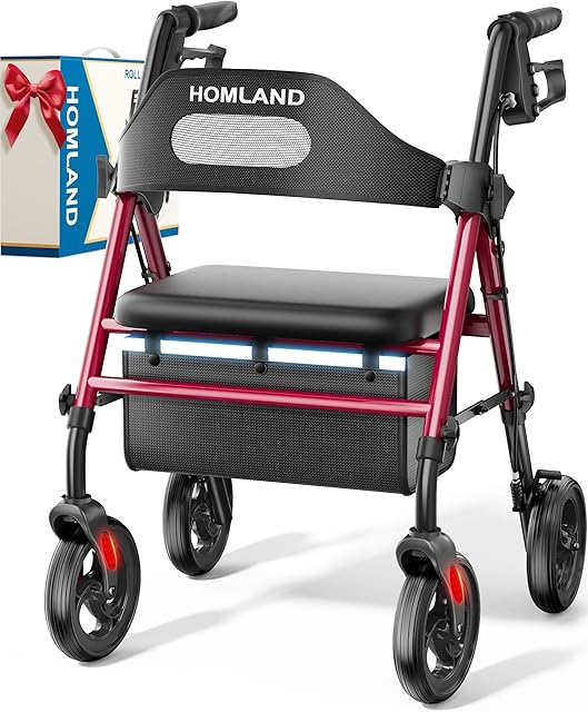 Foldable Rollator Walkers with Seat for Seniors, 8'' Big Wheels, 350 lb Weight Capacity, Adjustable Handles and Seat Height, Lightweight Rolling Walker, Red
