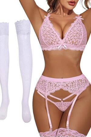 Womens Sexy Lingeries Set Floral Lace Bra and Panty with Garter Belt and Stockings Exotic Garter Set