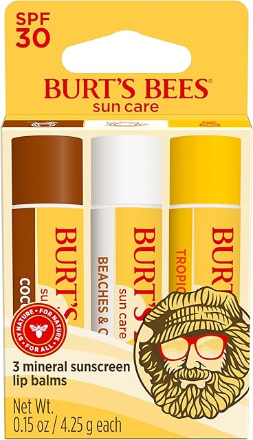 Burt?s Bees SPF 30 Lip Balm, Island Getaway - Coco Loco, Beaches & Cream, Tropic Like It's Hot, Water-Resistant Sun Care, Natural Origin Lip Treatment, 3 Tubes, 015 oz