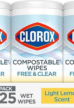 Clorox Free & Clear Compostable Cleaning Wipes, Light Lemon Scent, 75 Count, Pack of 3 (Pack May Vary)