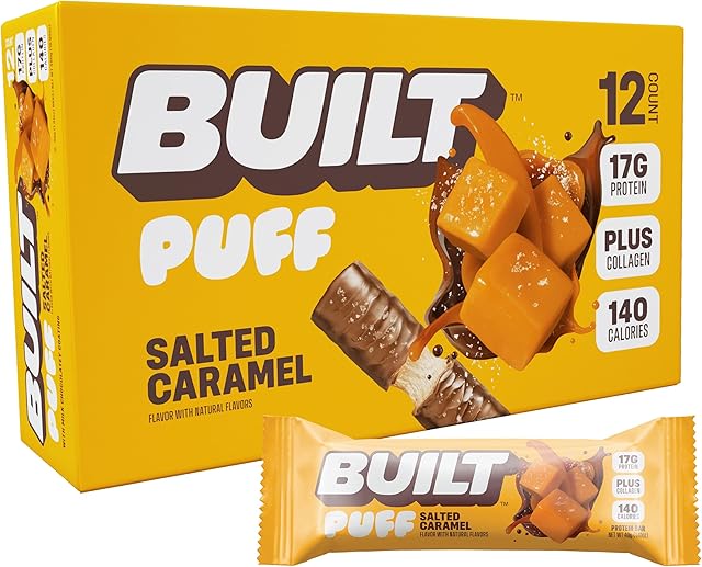 Built Bar, Puff Protein Bars, Salted Caramel Puff, 17g Protein Snacks, On-The-Go Bars, Only 140 Calories, 6g Sugar, Collagen, Gluten Free, 12 Count