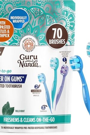 GuruNanda Ready-to-Go Disposable Mini Travel Toothbrushes - Butter on Gums Softex Bristles, Pre-Pasted Toothbrush & Toothpick - Fluoride-Free, No Rinsing Needed, 70 Ct