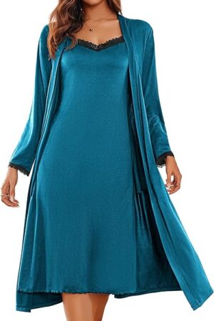 Women's Sexy Nightgown with Robes Set 2 Piece Lace Full Length Knit Soft Nightwear Lightweight Bathrobes S-XXL