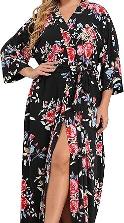 Women's Plus Size Cotton Kimono Robes Soft Long Knit Bathrobes Lightweight Sleepwear V-Neck Ladies Loungewear