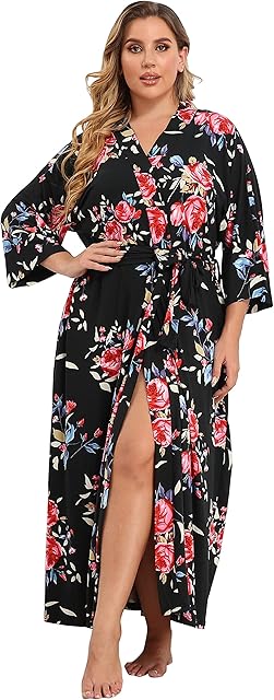 Women's Plus Size Cotton Kimono Robes Soft Long Knit Bathrobes Lightweight Sleepwear V-Neck Ladies Loungewear