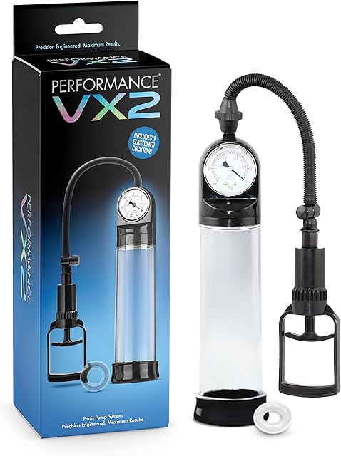Blush Novelties Performance VX2 - Male Enhancement Vacuum Pump System - Precision Gauge - 8 Inch Cylinder - 2.5" Wide - Get Bigger Longer Harder Thicker - 1 Soft Sleeve and Cock Ring