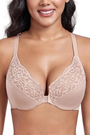 Women's Plus Size Flower Lace Front Closure T-Back Underwire Everyday Bra
