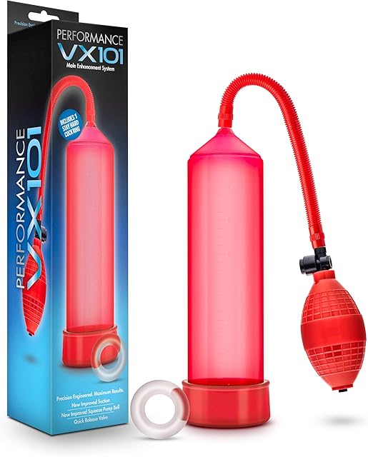 Blush Novelties Performance VX101 - Male Enhancement Pump - for Penis Enlargement, Longer, Harder Erections - Sturdy Rubber Ball Pump for Max Suction - Great for Masturbation - Sex Toy for Men - Red