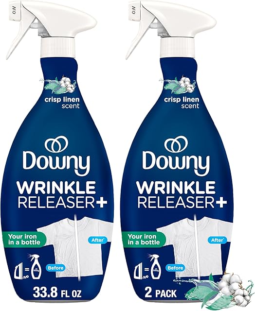 Downy Wrinkle Releaser Spray, All In One Formula, Removes Wrinkles, Static and Odor Eliminator, Crisp Linen Scent, 338 Fl Oz, Pack of 2 (Packaging May Vary)