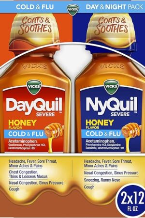 VICKS DayQuil & NyQuil SEVERE Honey Flavor Co-Pack, Cold & Flu Medicine, Relieves Headache, Fever, Sore Throat, Minor Aches & Pains, Nasal Congestion, Sinus Pressure, Stuffy Nose, and Cough, 2x12oz