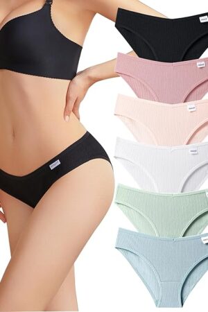 Cotton Underwear for Women Cute Low Rise Ribbed Bikini Breathable Sexy Hipster Womens Cheeky 6 Pack