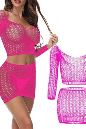 Women's Mesh Lingerie Fishnet Mini Dress Free Size Hollow Out Babydoll Long Sleeve Bodysuit Nightwear