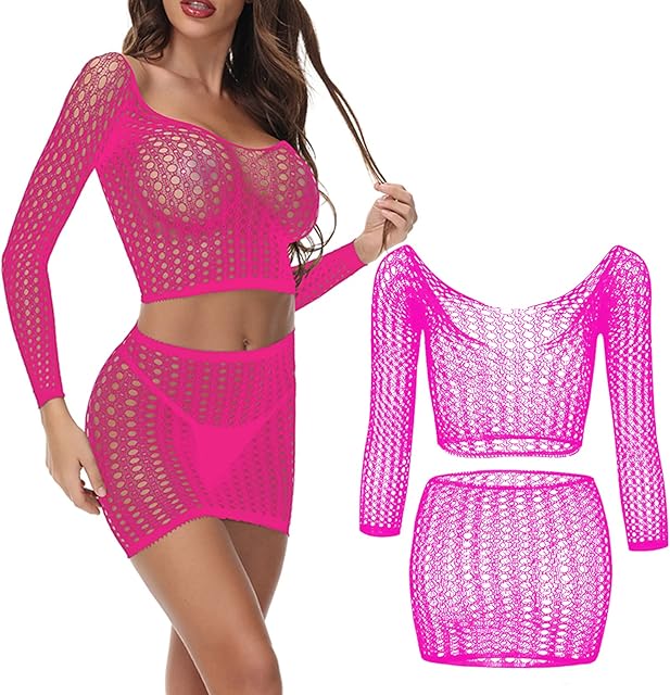 Women's Mesh Lingerie Fishnet Mini Dress Free Size Hollow Out Babydoll Long Sleeve Bodysuit Nightwear
