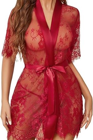 Women Kimono Robe Floral Lace Babydoll Lingerie Sheer Mesh Nightgown