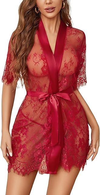 Women Kimono Robe Floral Lace Babydoll Lingerie Sheer Mesh Nightgown