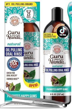 GuruNanda CocoMint Oil Pulling Mouthwash for Complete Oral Hygiene, 7 Essential Oils & Vitamins for Happy Teeth & Gums & Fresh Breath , Alcohol-Free, 8 oz