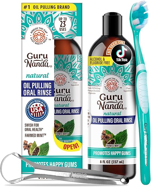 GuruNanda CocoMint Oil Pulling Mouthwash for Complete Oral Hygiene, 7 Essential Oils & Vitamins for Happy Teeth & Gums & Fresh Breath , Alcohol-Free, 8 oz