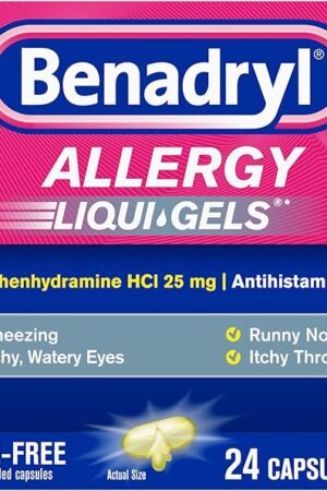 Benadryl Liqui-Gels Allergy Medicine, Dye-Free Liquid Gel Capsules with 25 mg of Diphenhydramine HCl Antihistamine for Relief of Allergy & Cold Symptoms Like Runny Nose & Sneezing, 24 ct